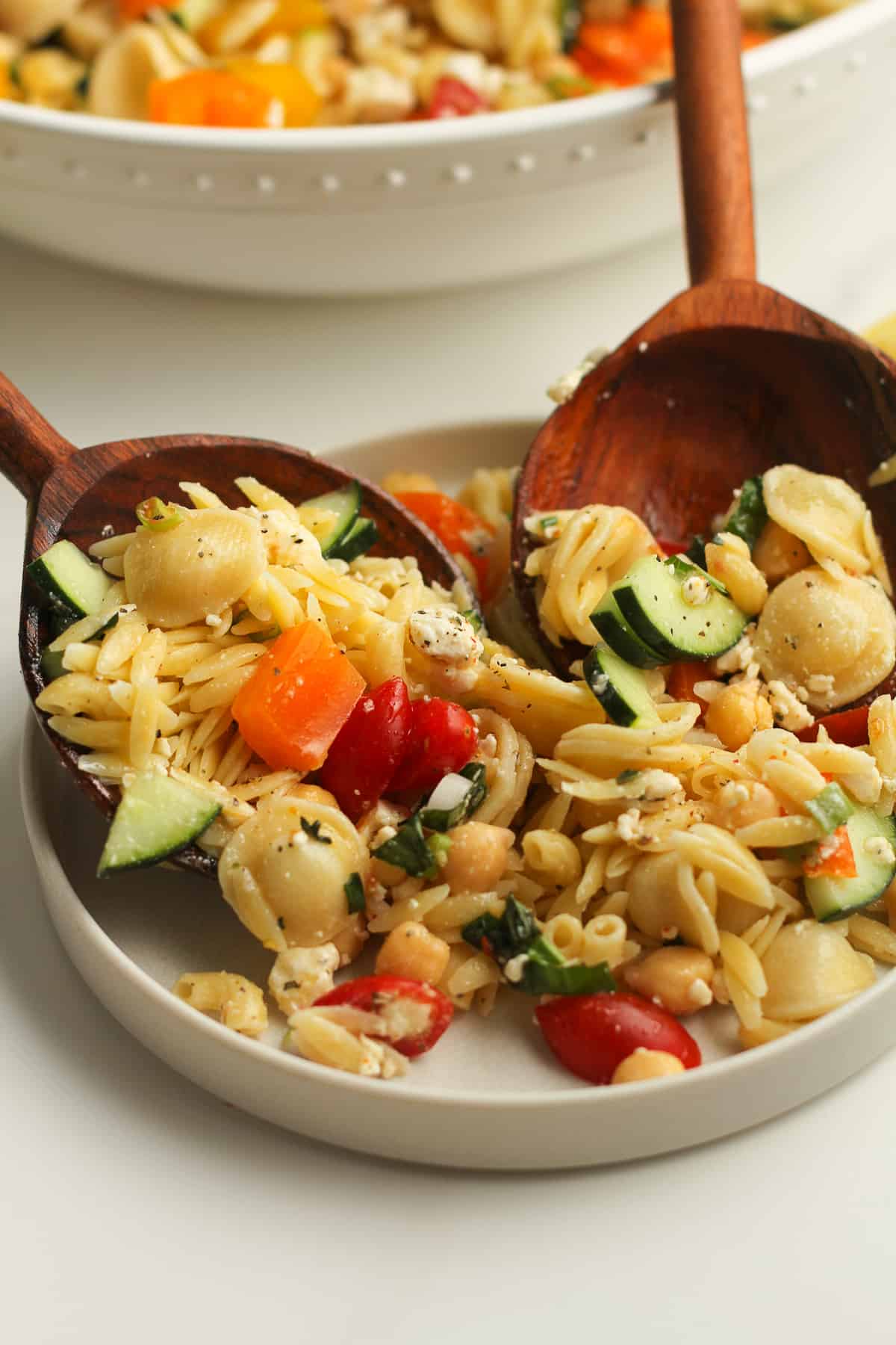 Side shot of a plate of pasta salad being served.