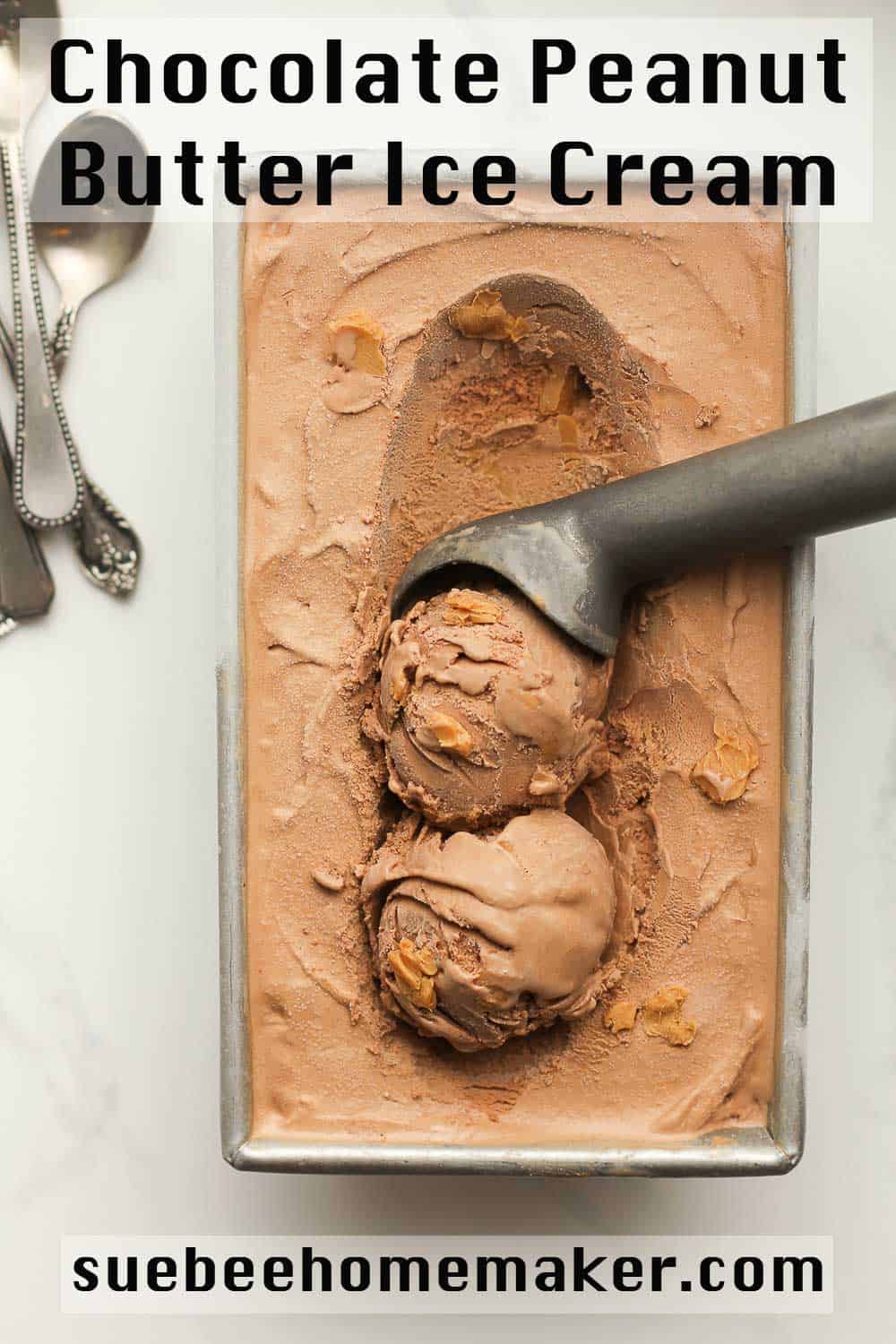 A pan of chocolate peanut butter ice cream.