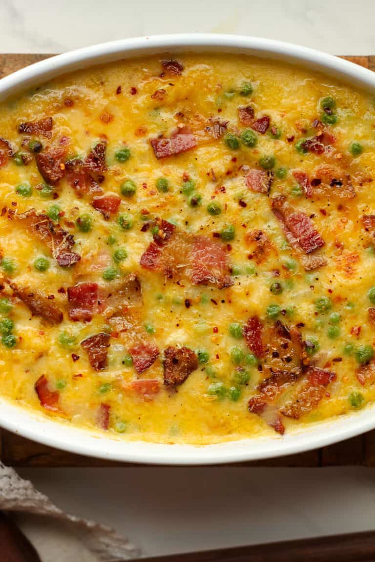 Side view of spaghetti squash casserole with bacon on top.