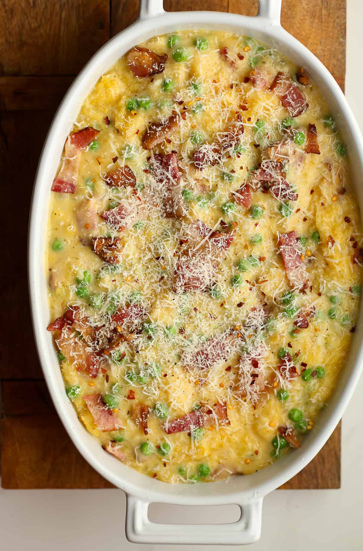 A dish of the unbaked casserole.