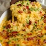 Side shot of a dish of spaghetti squash Mac and cheese.