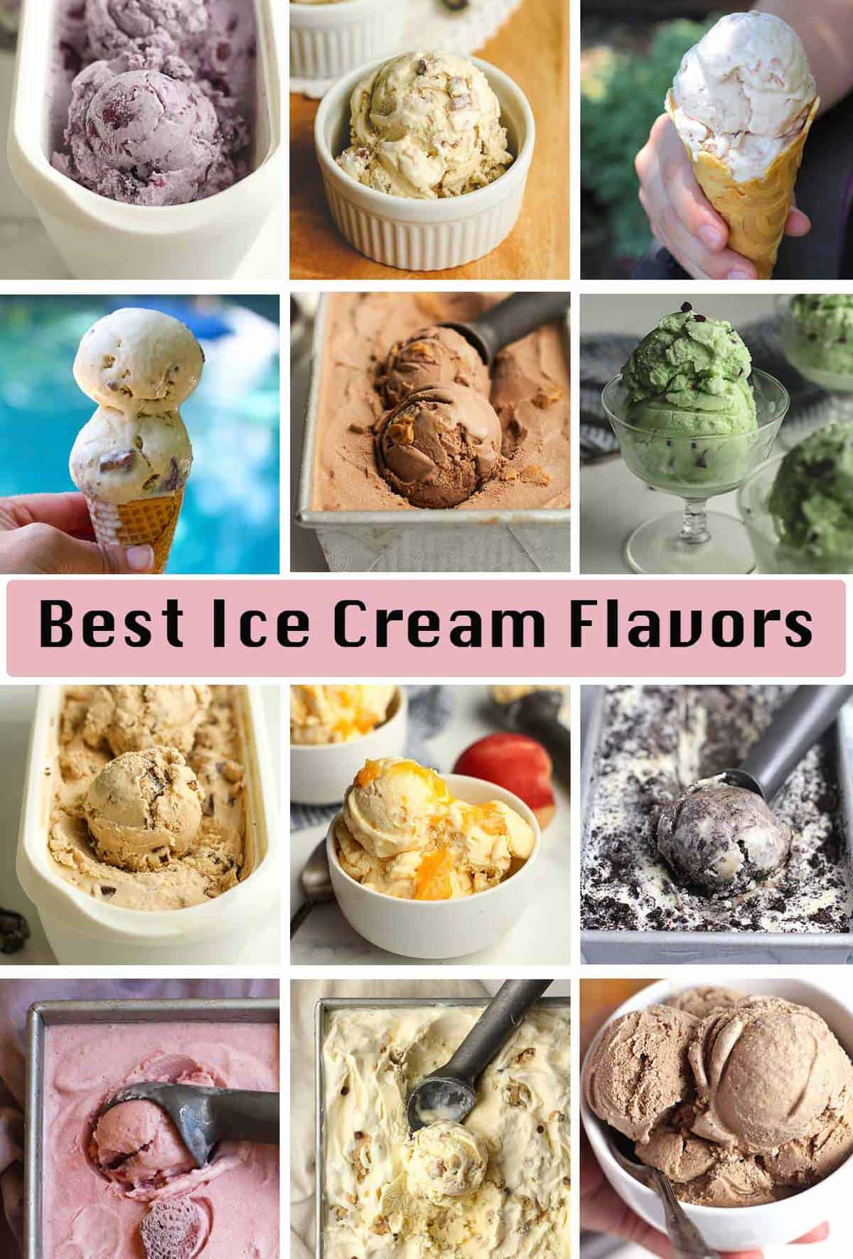 A collage of 12 ice cream flavors