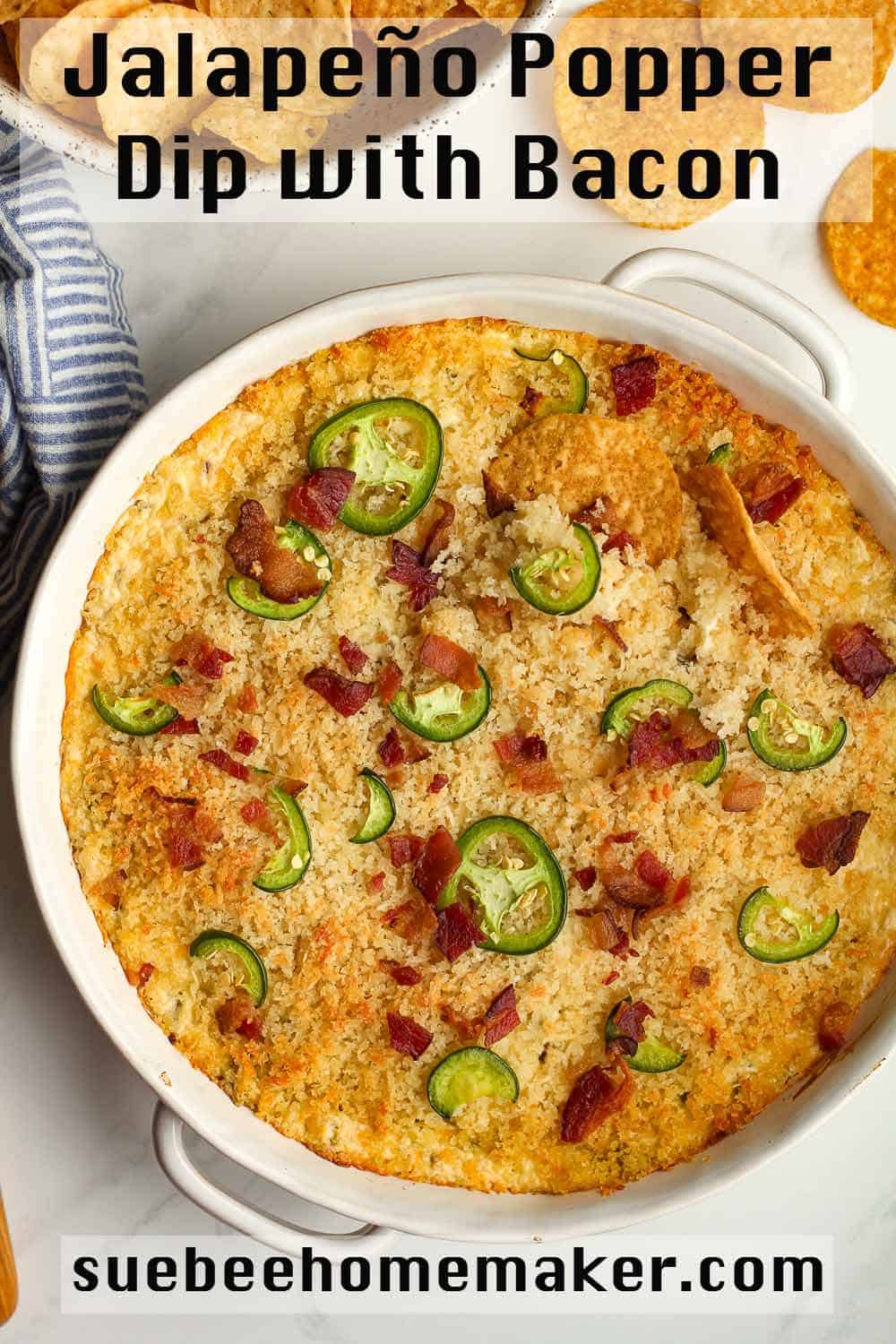 A dish of jalapeño popper dip with bacon.