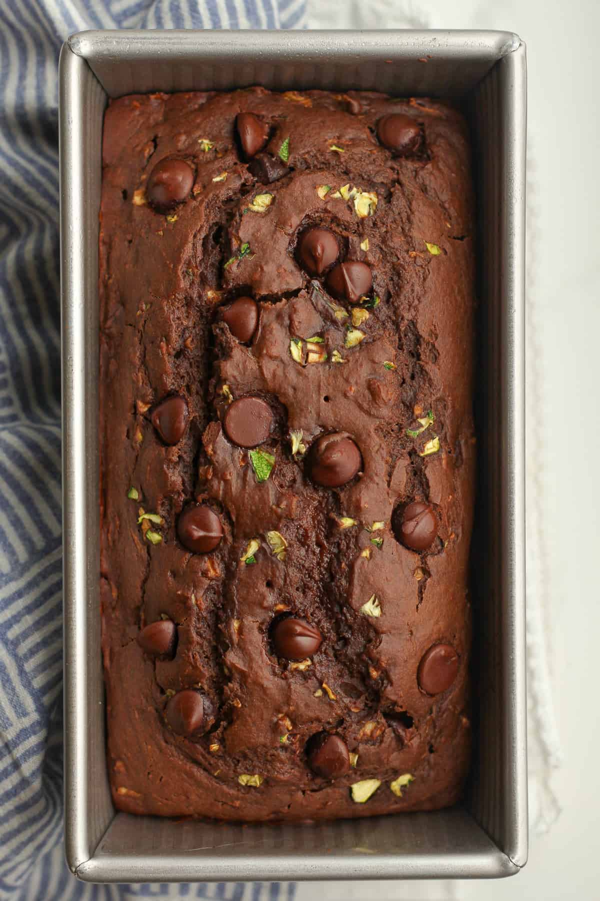 A loaf pan of chocolate zucchini bread.