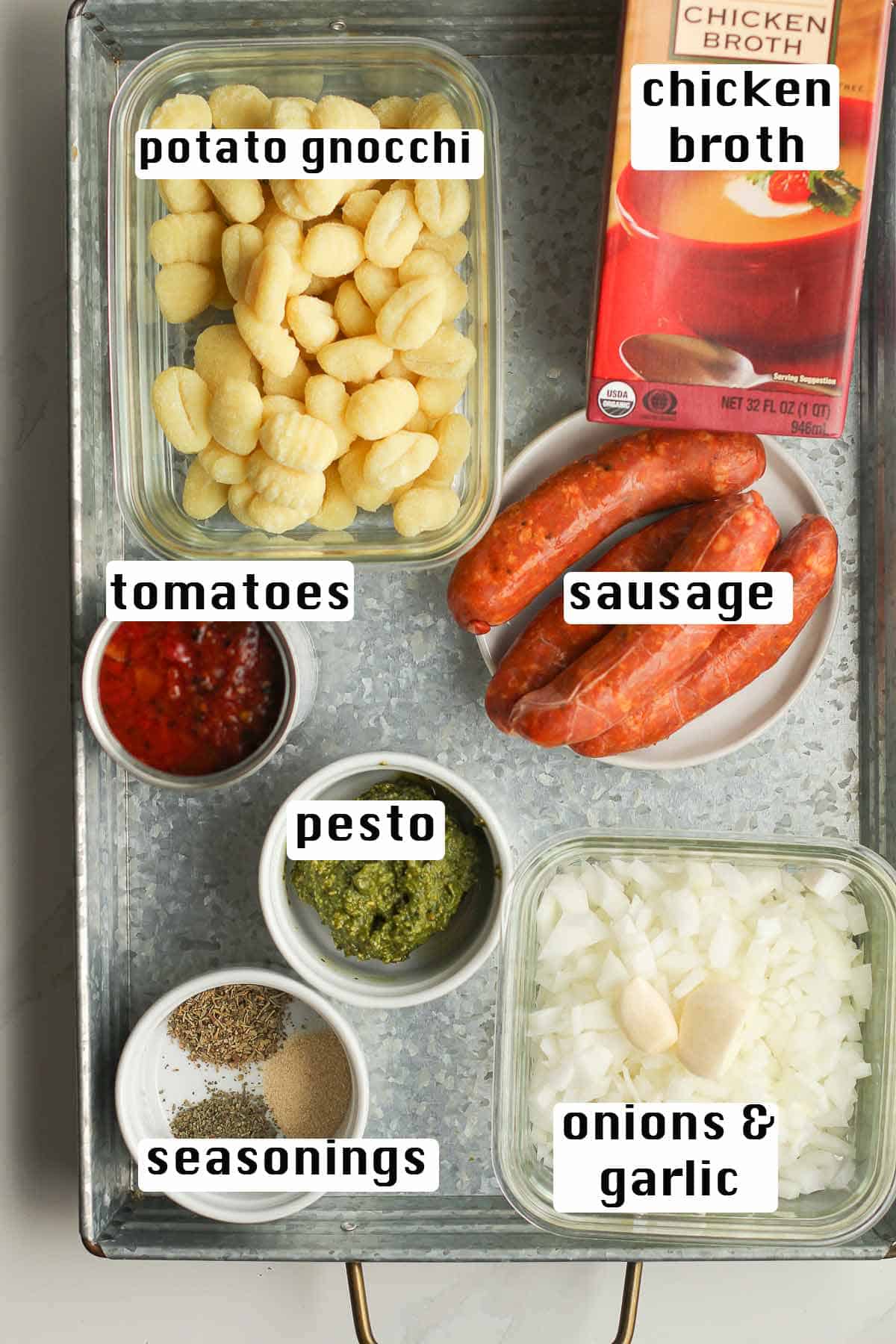 Soup ingredients with labels.