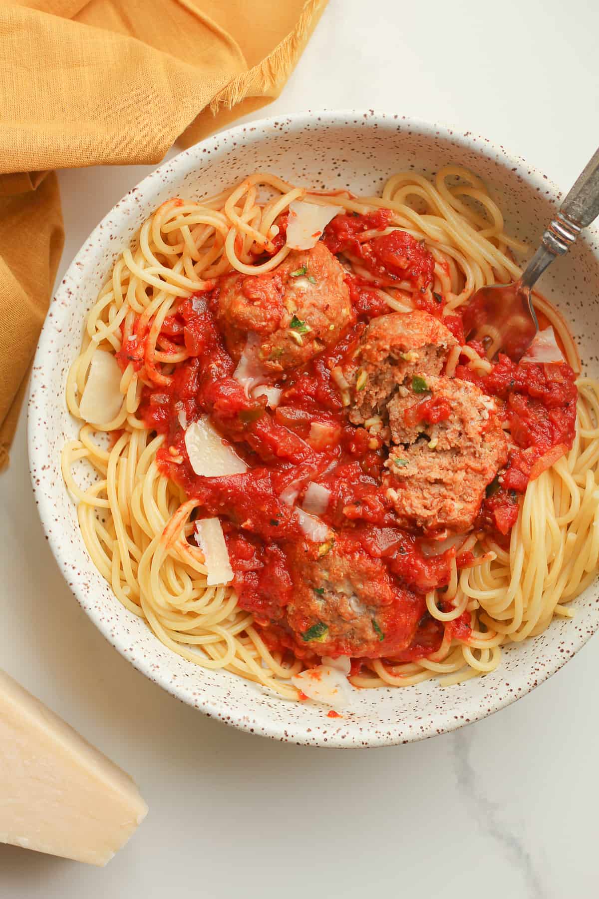 Spaghetti and turkey meatballs.