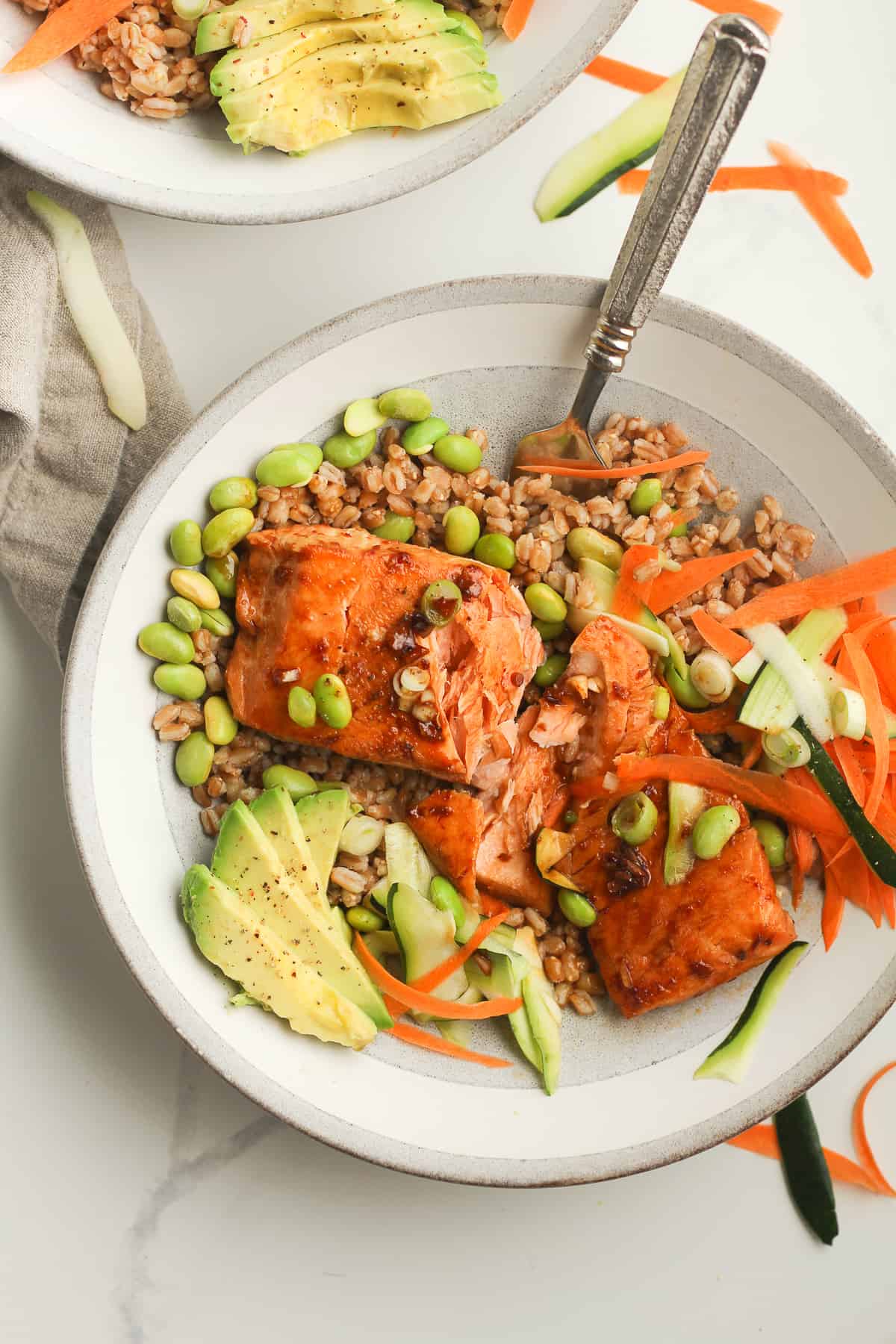 Overhead shot of a bowl with salmon and grains.