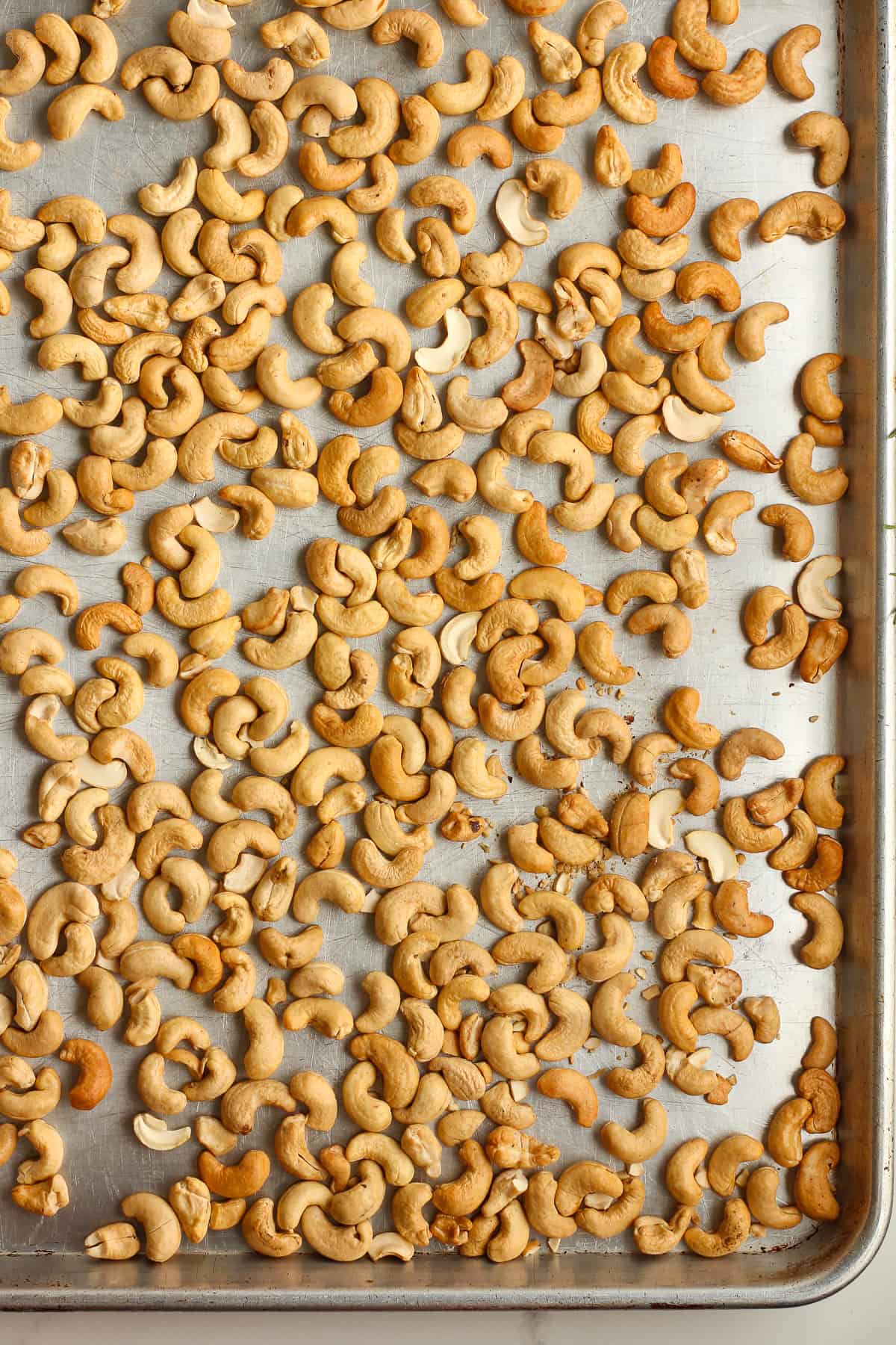 A pan of the roasted cashews.