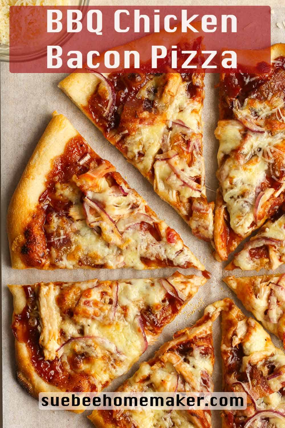 Sliced bbq chicken bacon pizza with onions.
