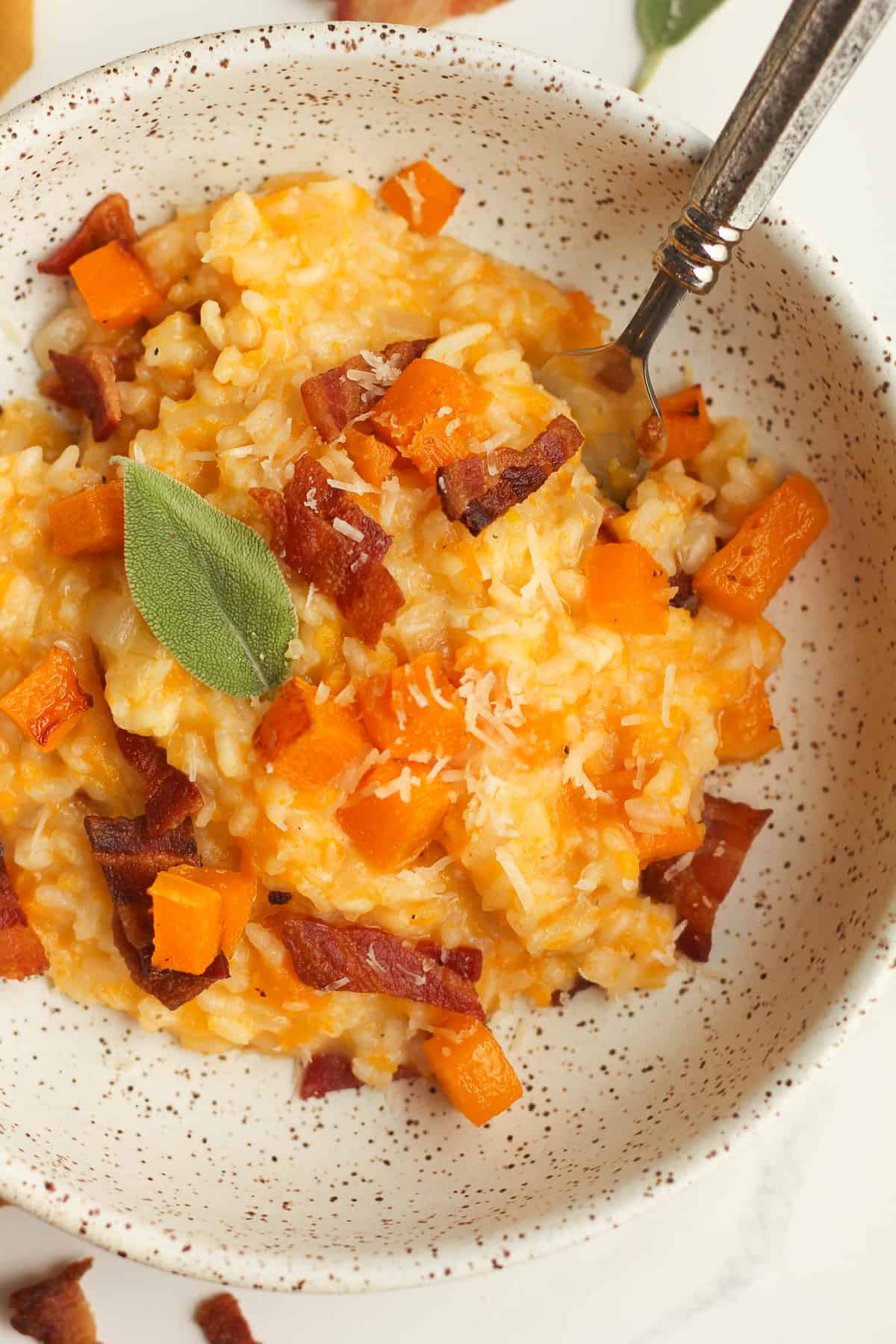 A closeup on a bowl of risotto with bacon.