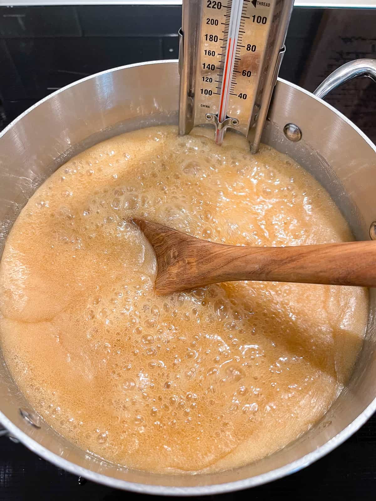 The caramel mixture at 180 degrees.