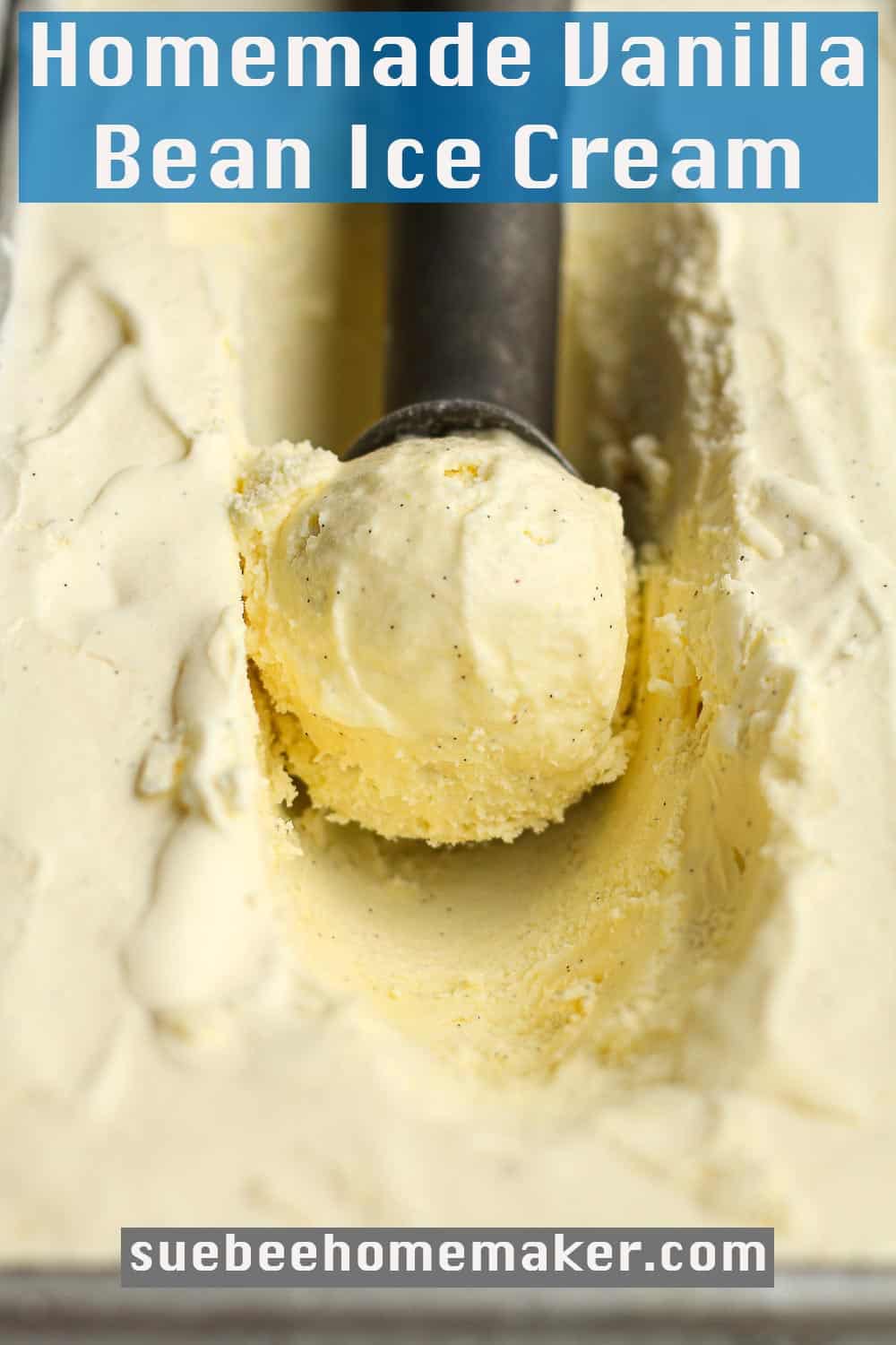 Closeup on a pan of homemade vanilla bean ice cream.