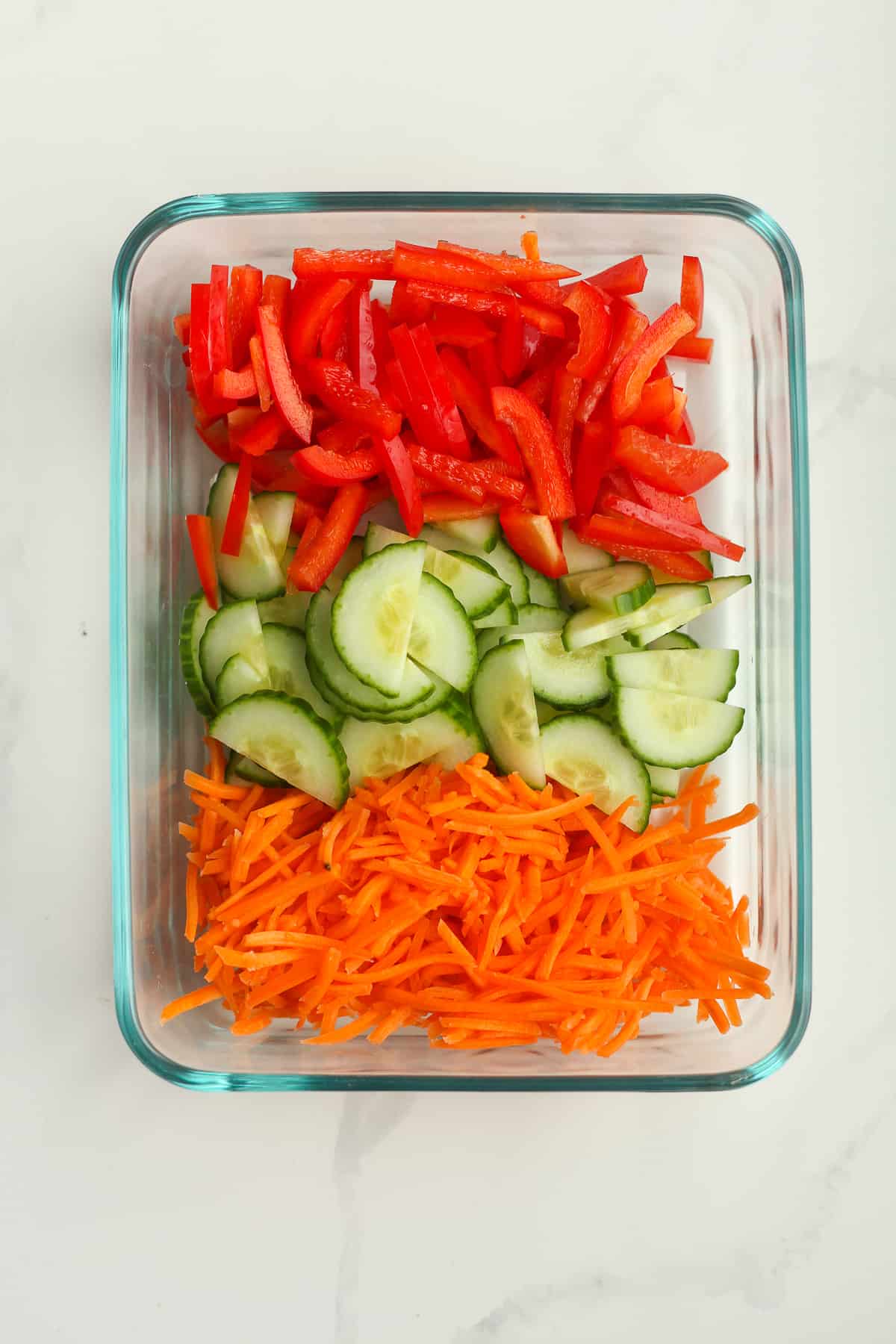 A bowl of sliced veggies for the lettuce wraps.