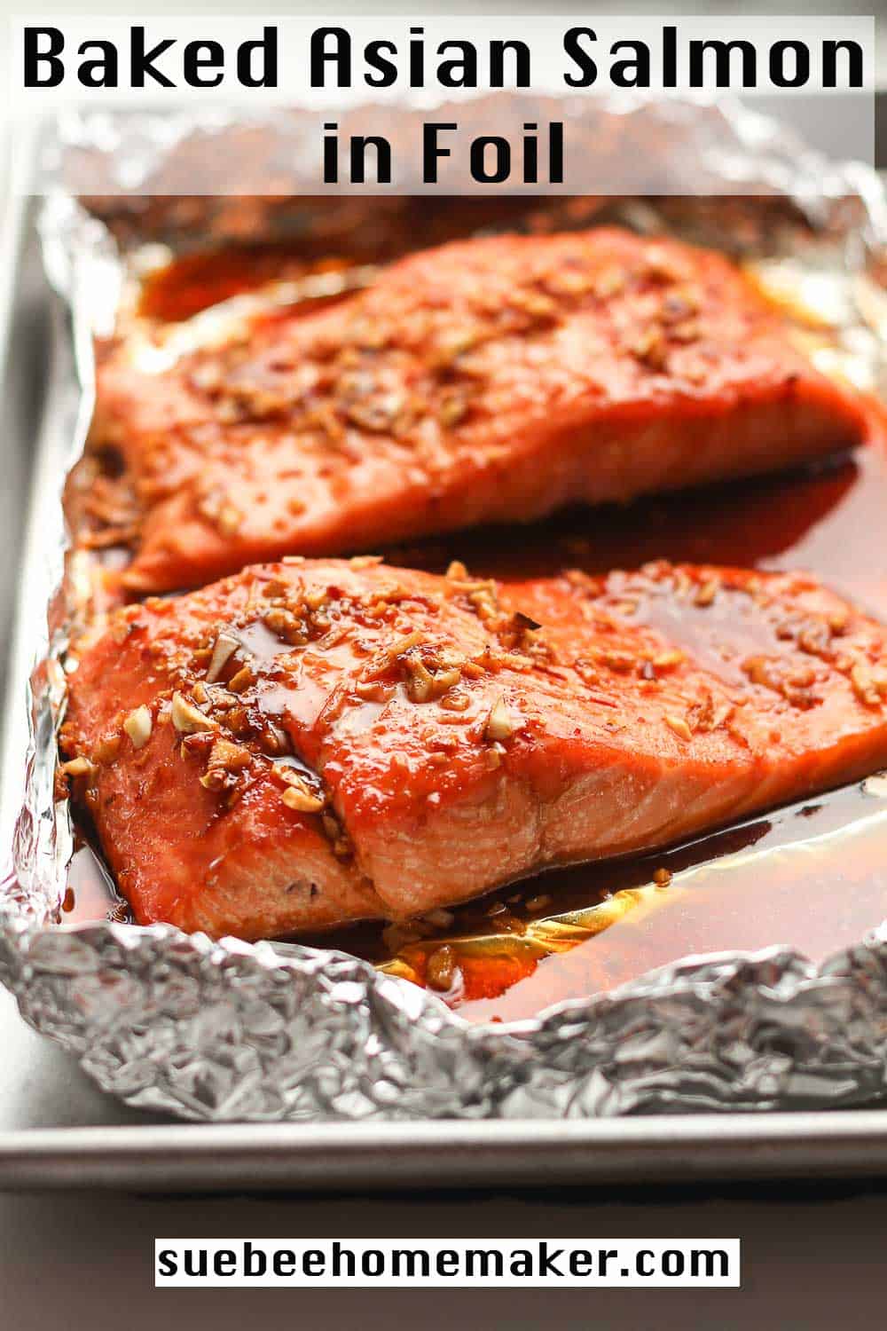 Side shot of two large pieces of salmon in foil.