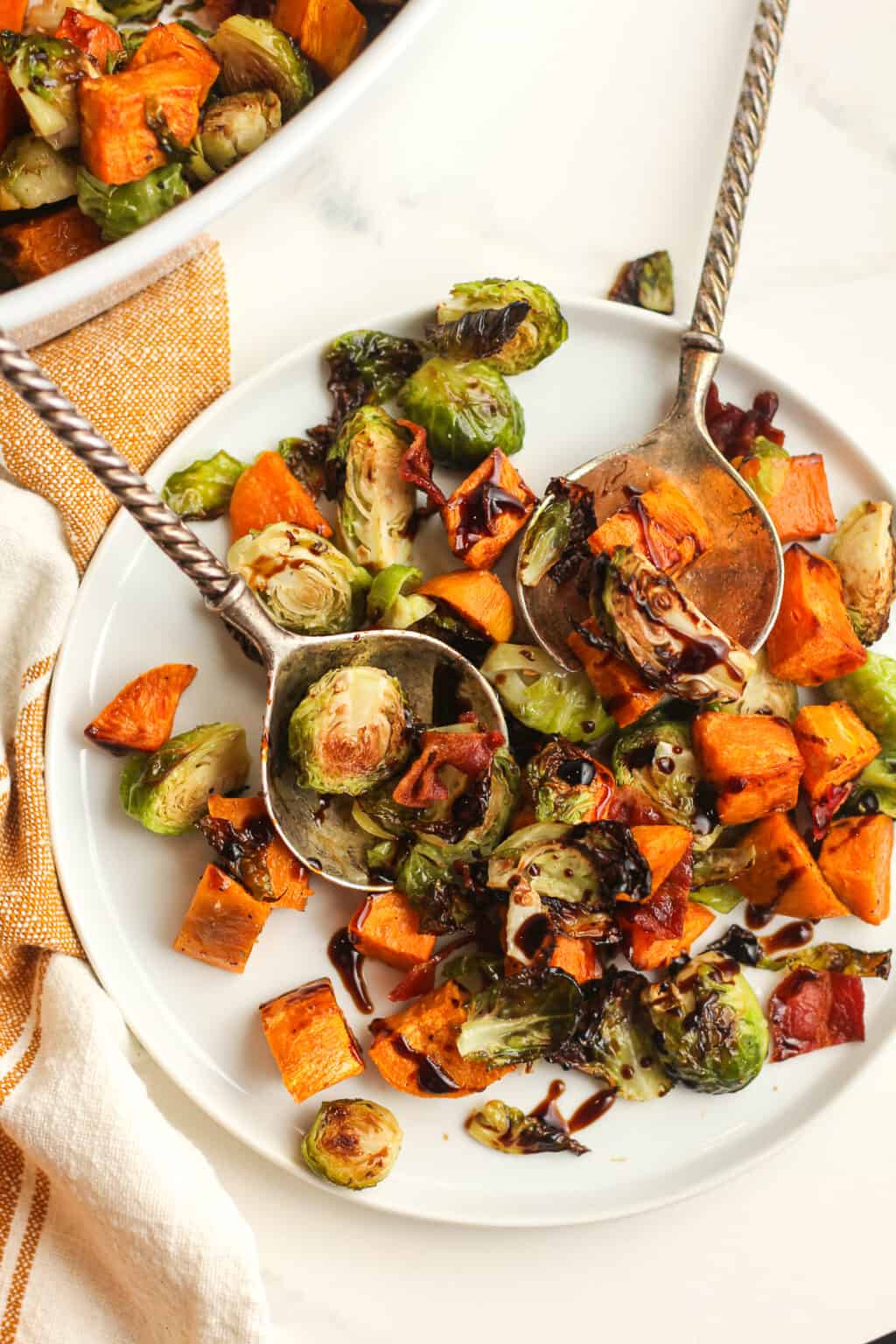 Balsamic Glazed Brussels Sprouts and Sweet Potatoes - SueBee Homemaker