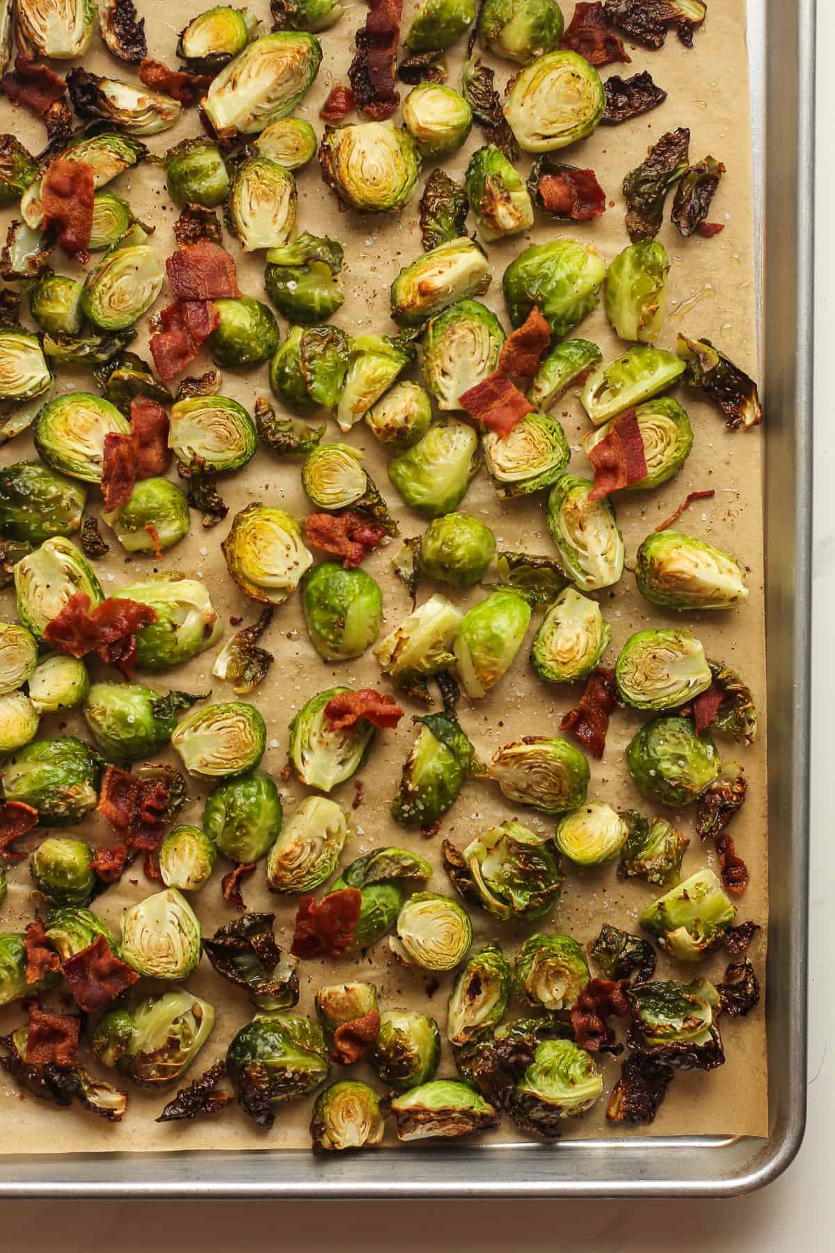 A pan of the roasted Brussels sprouts and bacon.