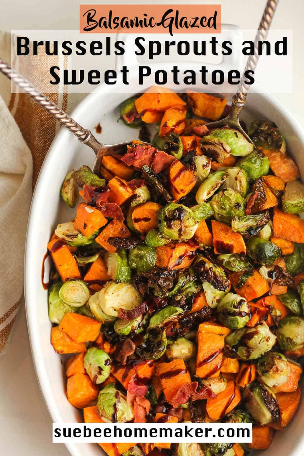 A dish of balsamic glazed Brussels sprouts and sweet potatoes.
