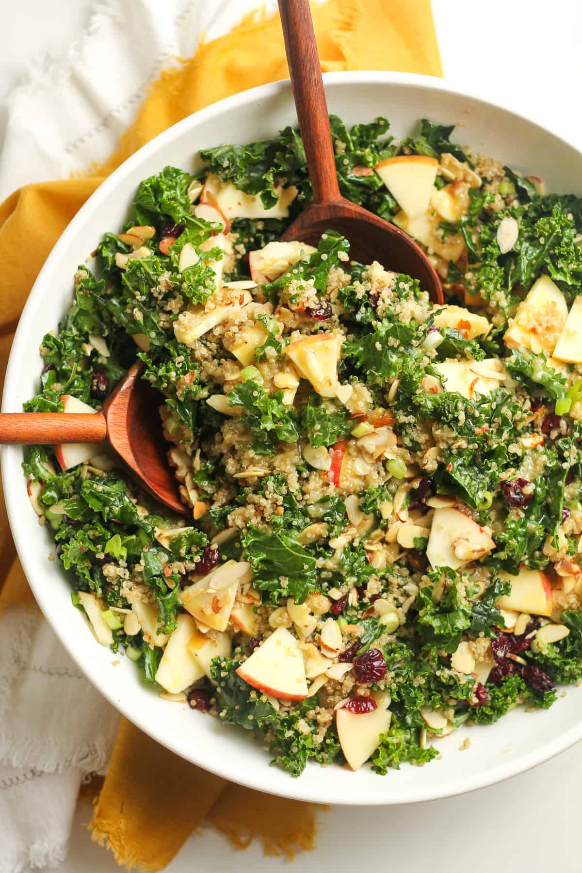 Overhead shot of a bowl of kale and quinoa salad.