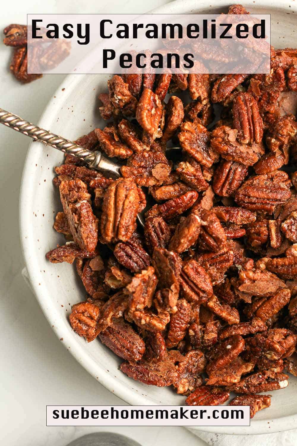 A bowl of caramelized pecans.