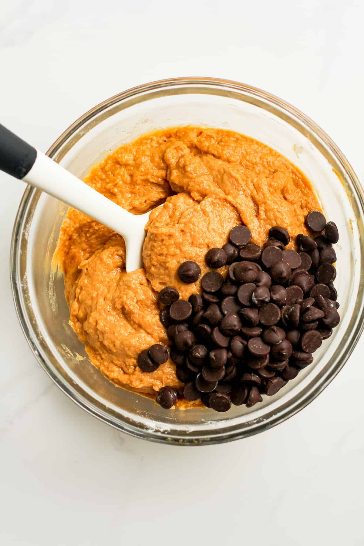 A bowl of the pumpkin batter plus chocolate chips.