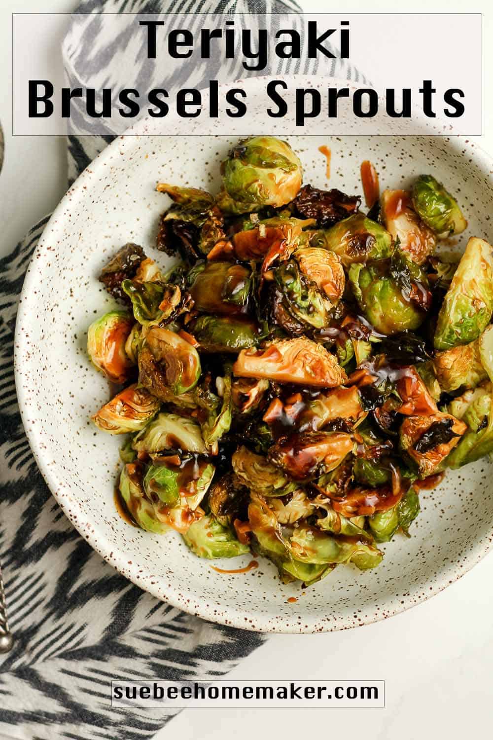 A bowl of teriyaki Brussels sprouts in a bowl.