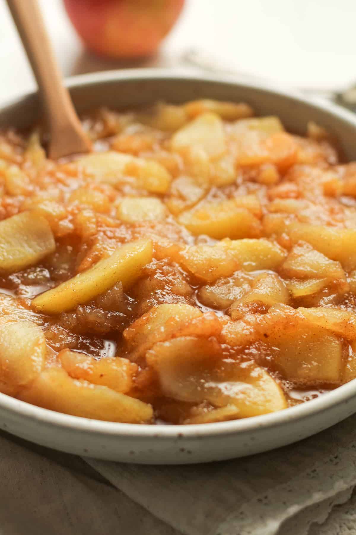 Side view of some fresh homemade applesauce with cinnamon.