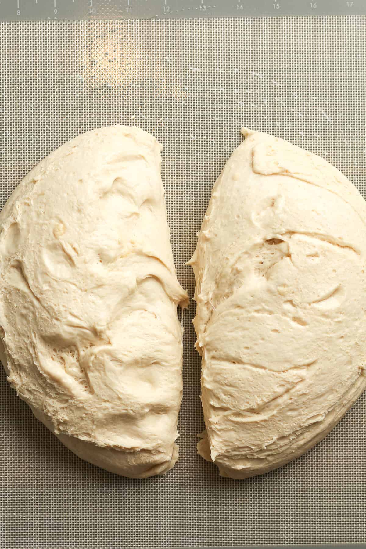The dough, cut in half.