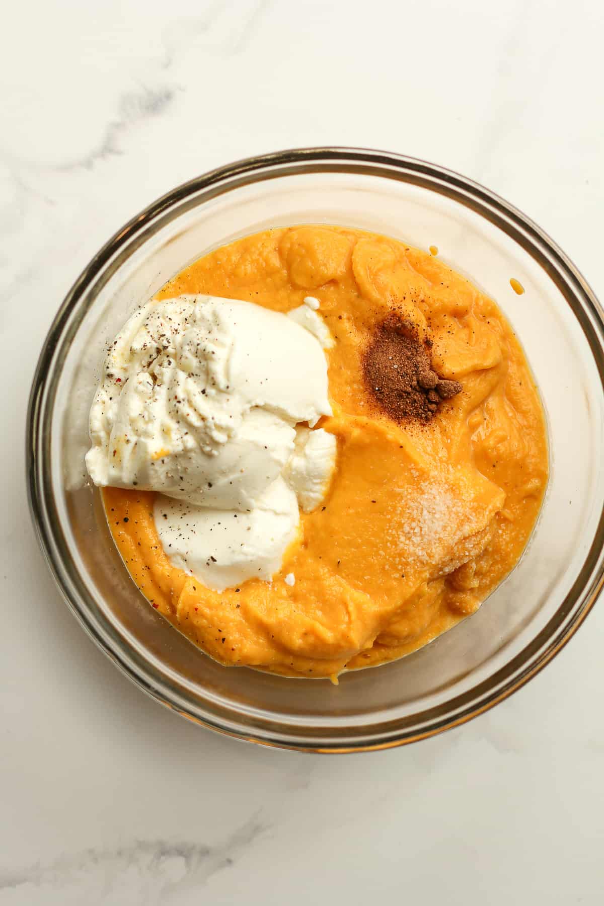 The squash puree with ricotta and seasonings on top.