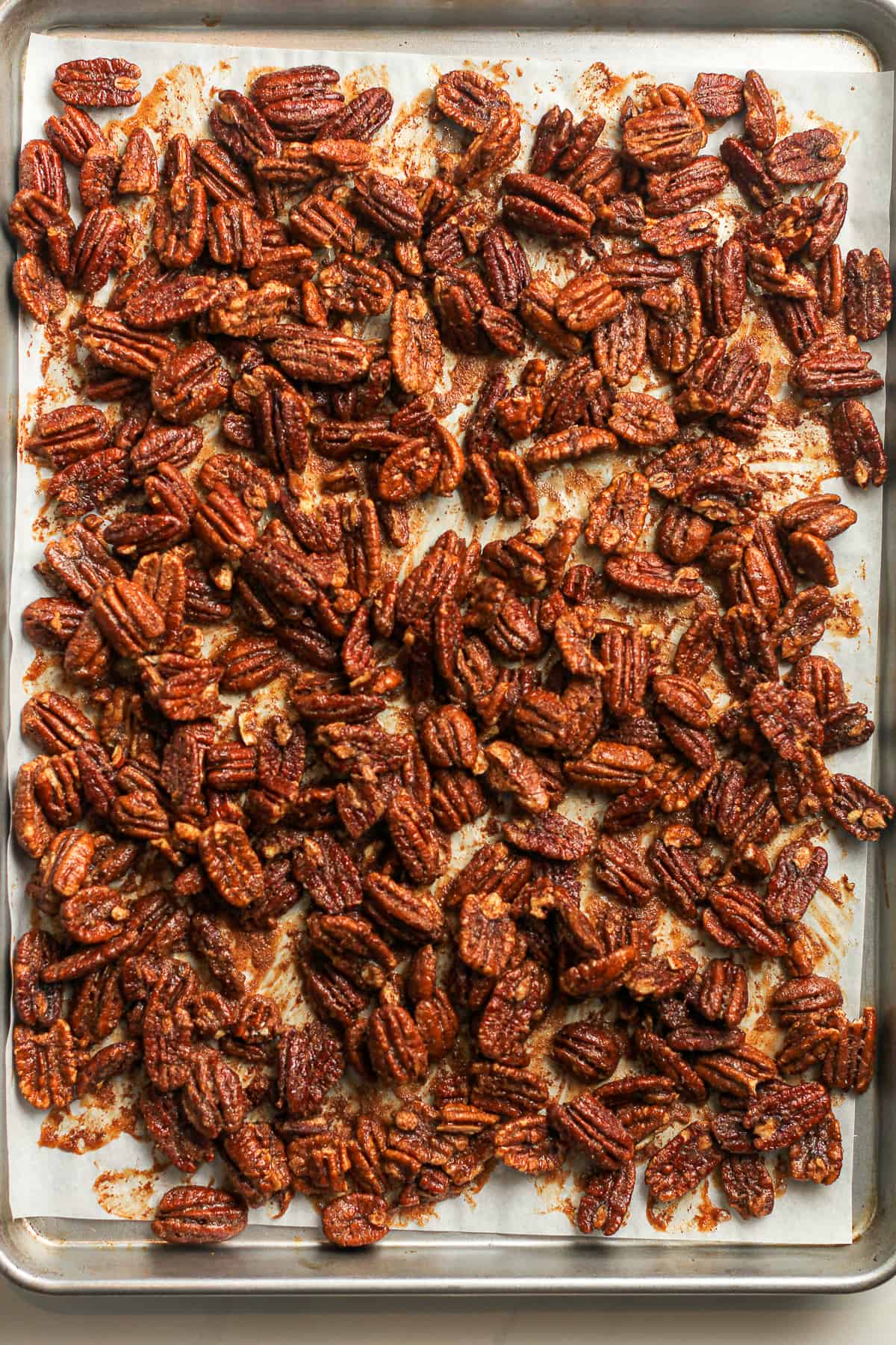 The pan of baked pecans.
