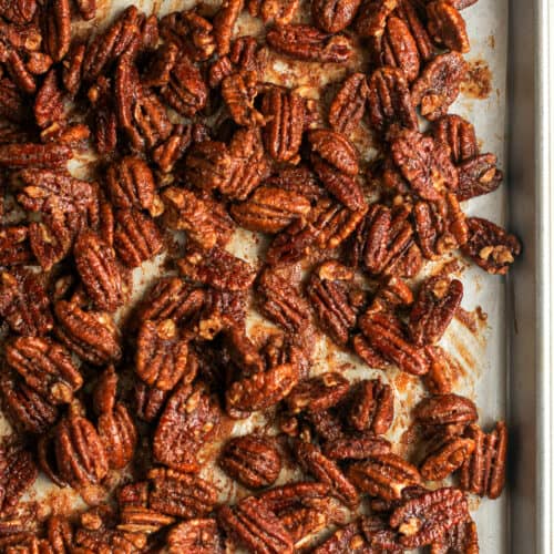 One corner of the pan with candied pecans.