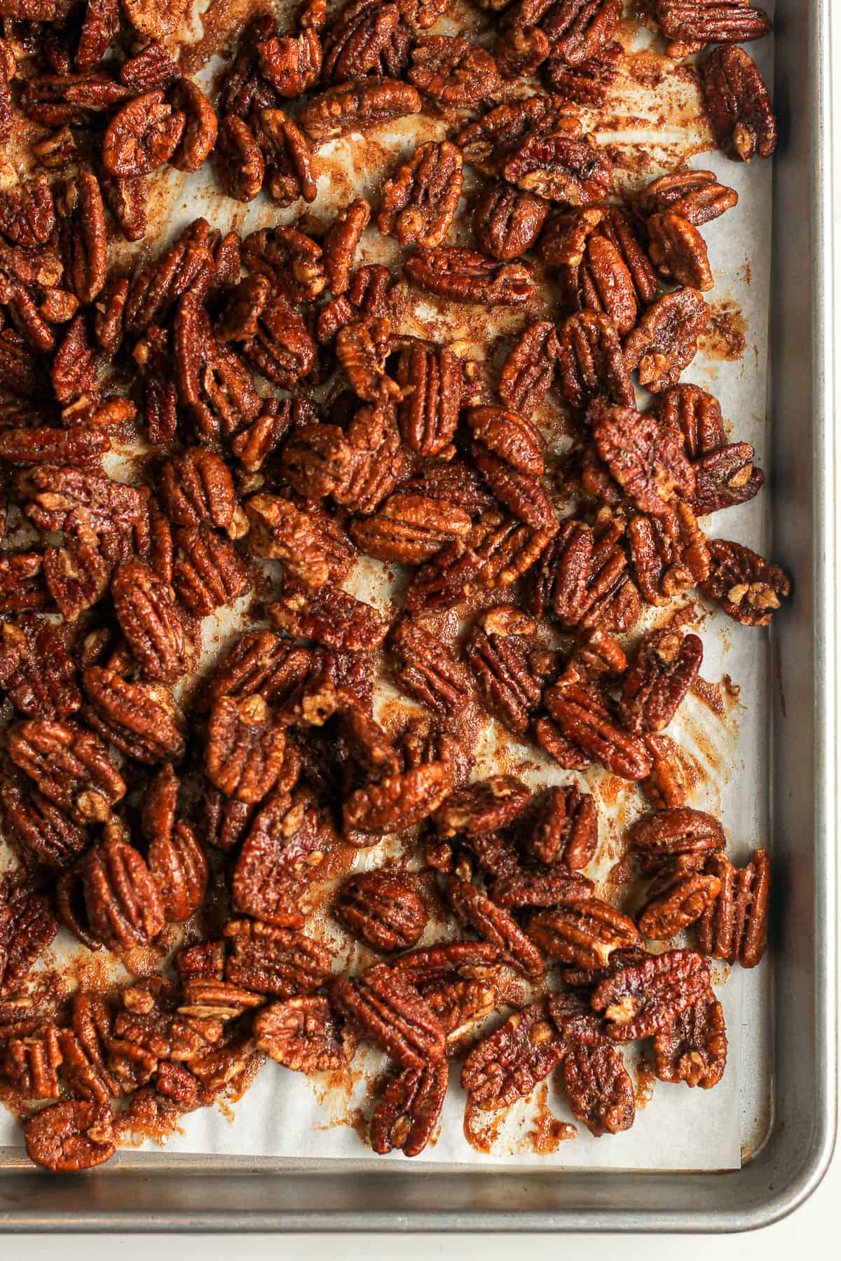 One corner of the pan with candied pecans.