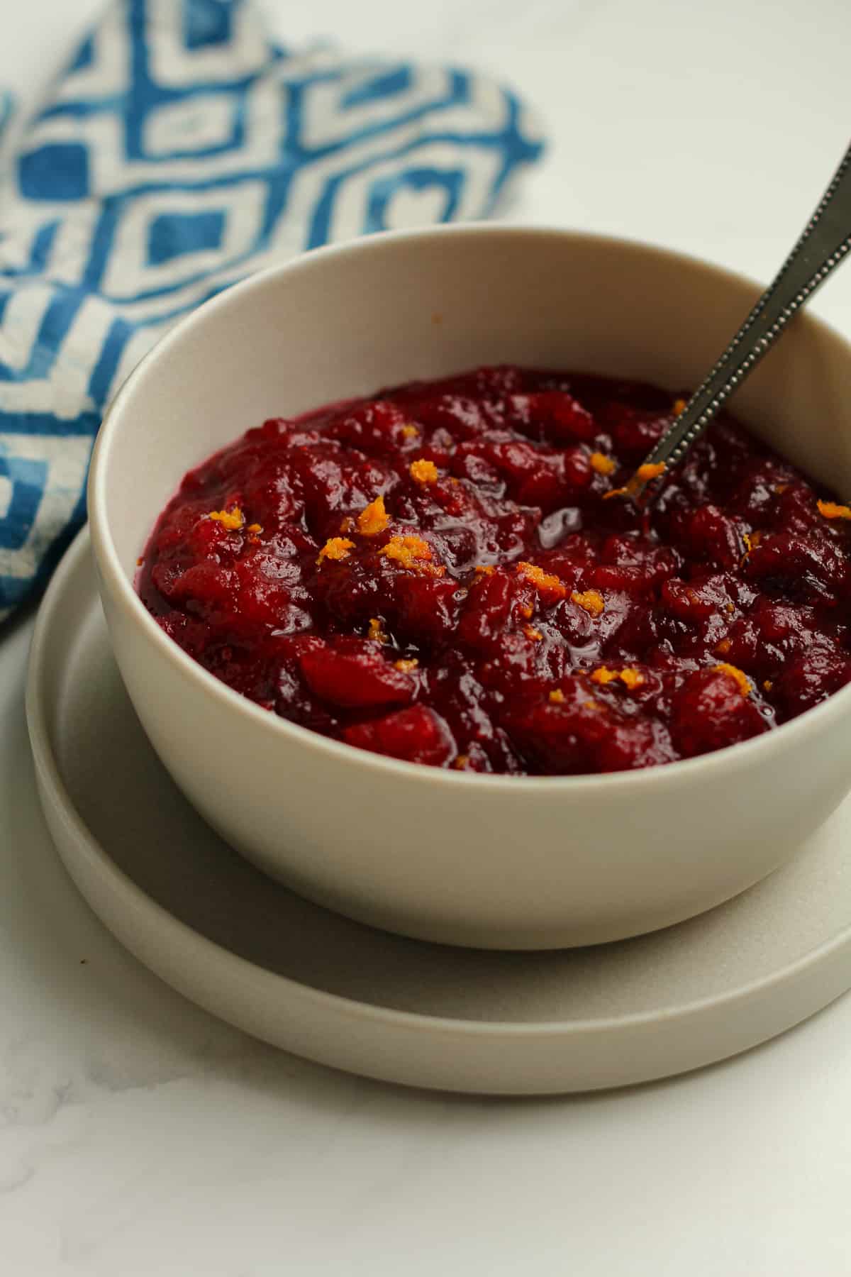 Side shot of a bowl of the cranberry sauce with orange zest on top.