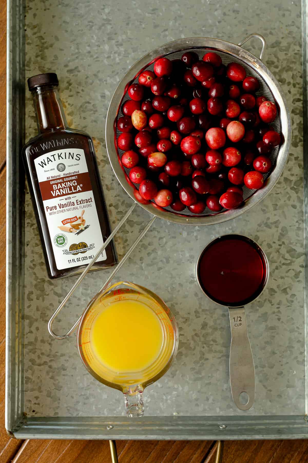 A tray of the cranberry sauce ingredients.