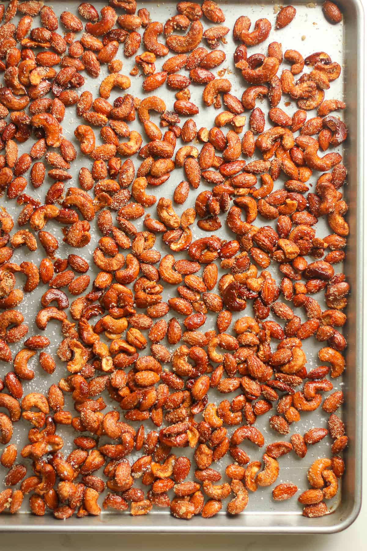 A sheet pan of the roasted nuts.