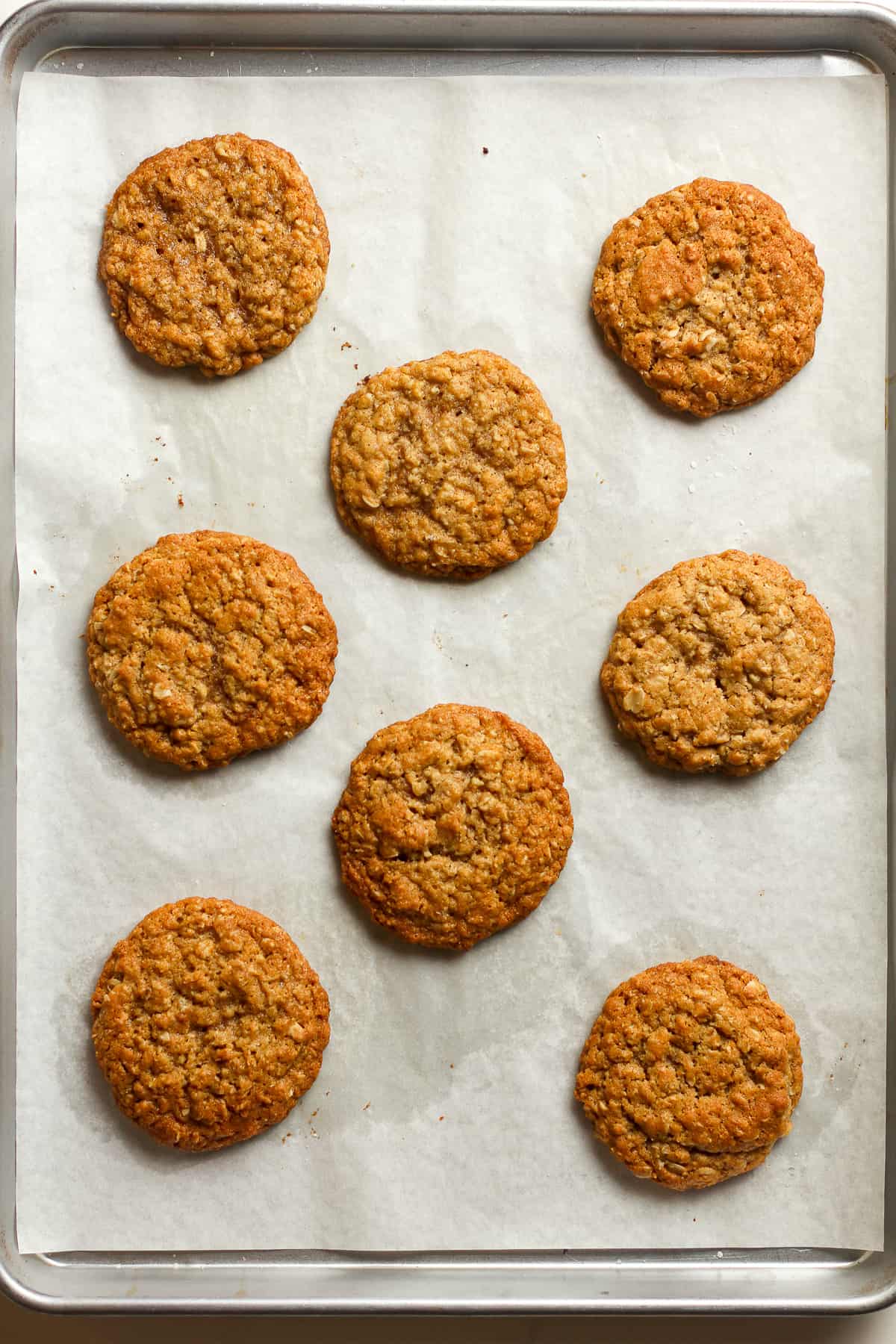 A baking sheet with eight baked oatmeal cookies.