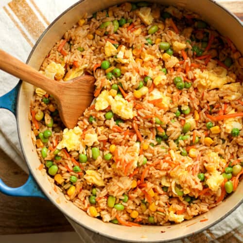 A stock pot of spicy fried rice.