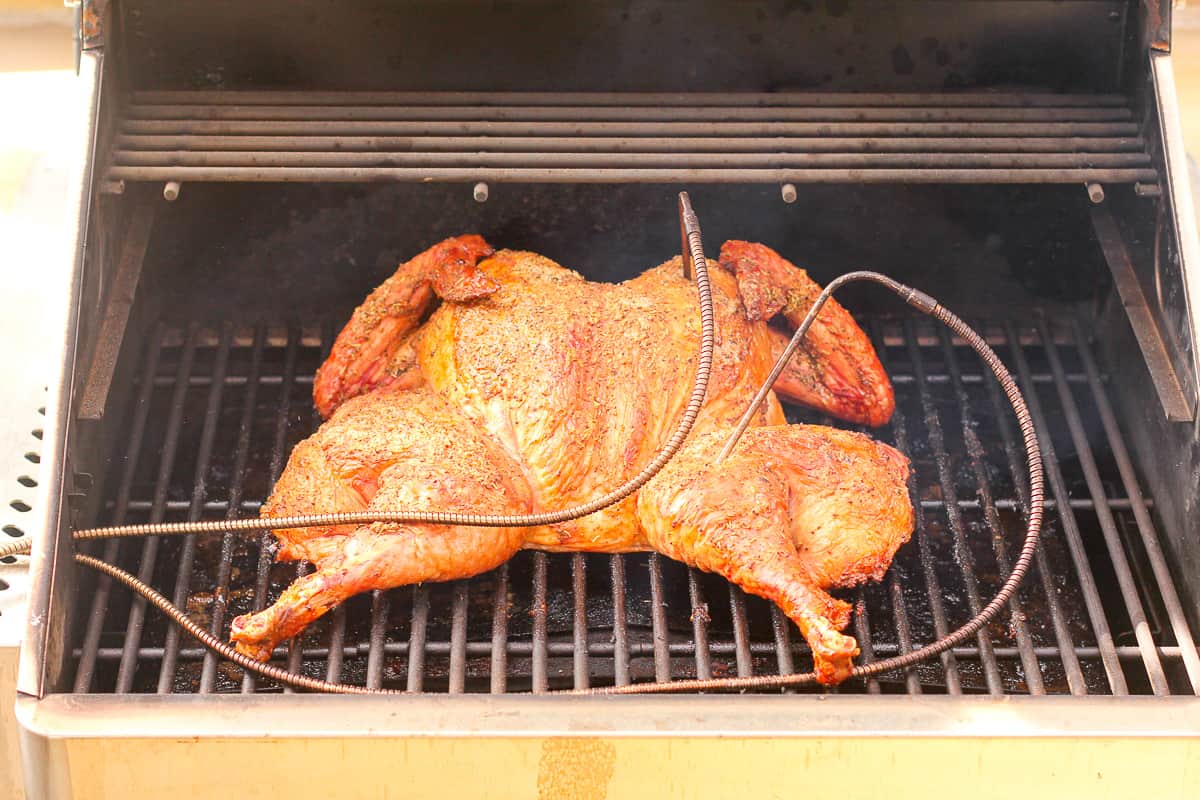 The spatchcock turkey on the grill.