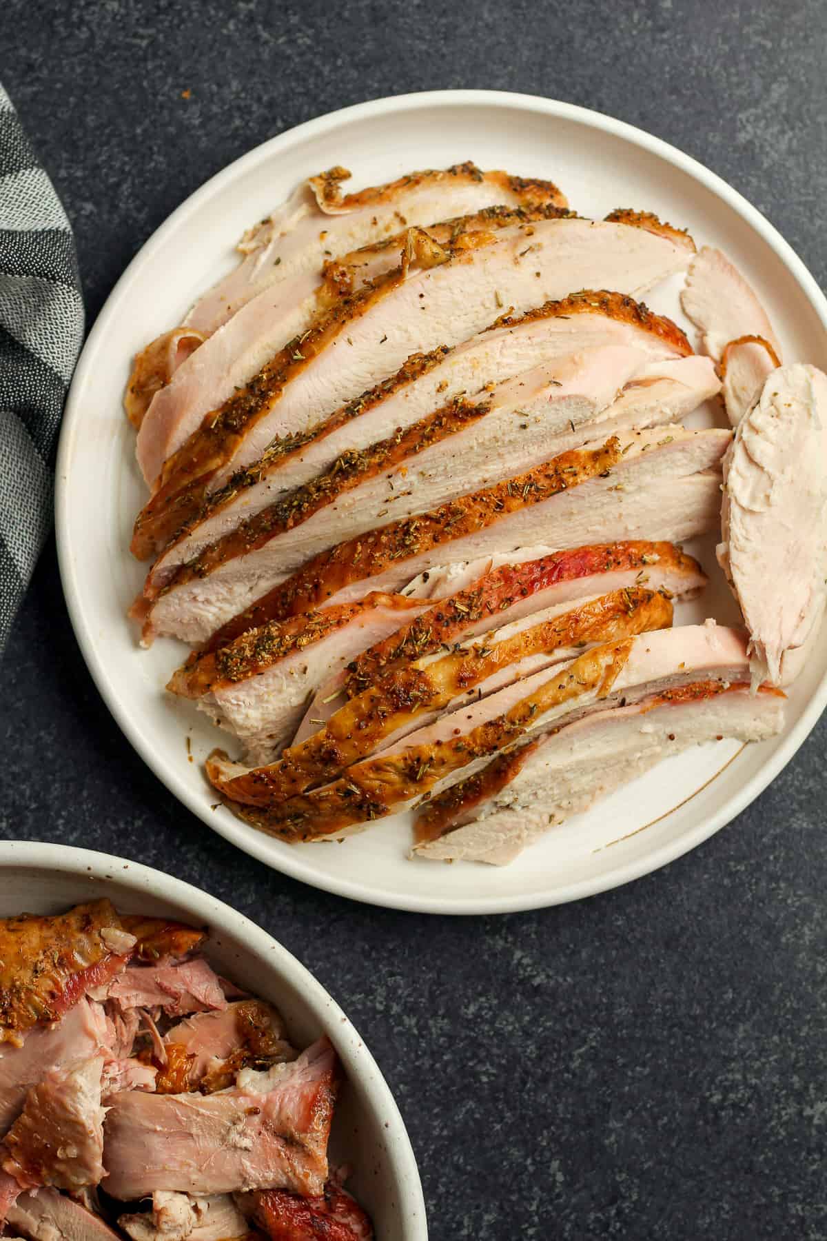 A plate of white turkey, sliced.