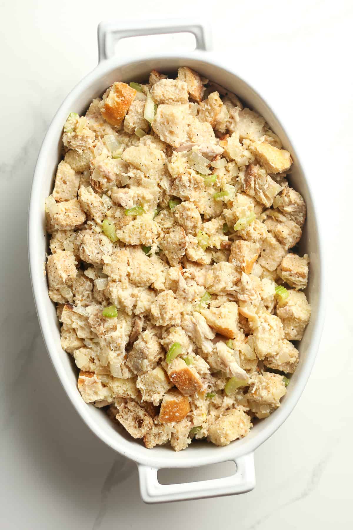 A casserole of stuffing before baking.