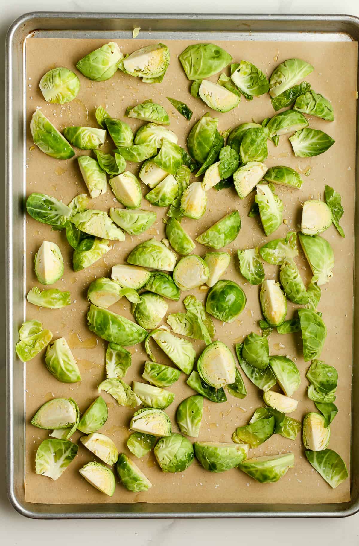 A pan of the Brussels sprouts before cooking.