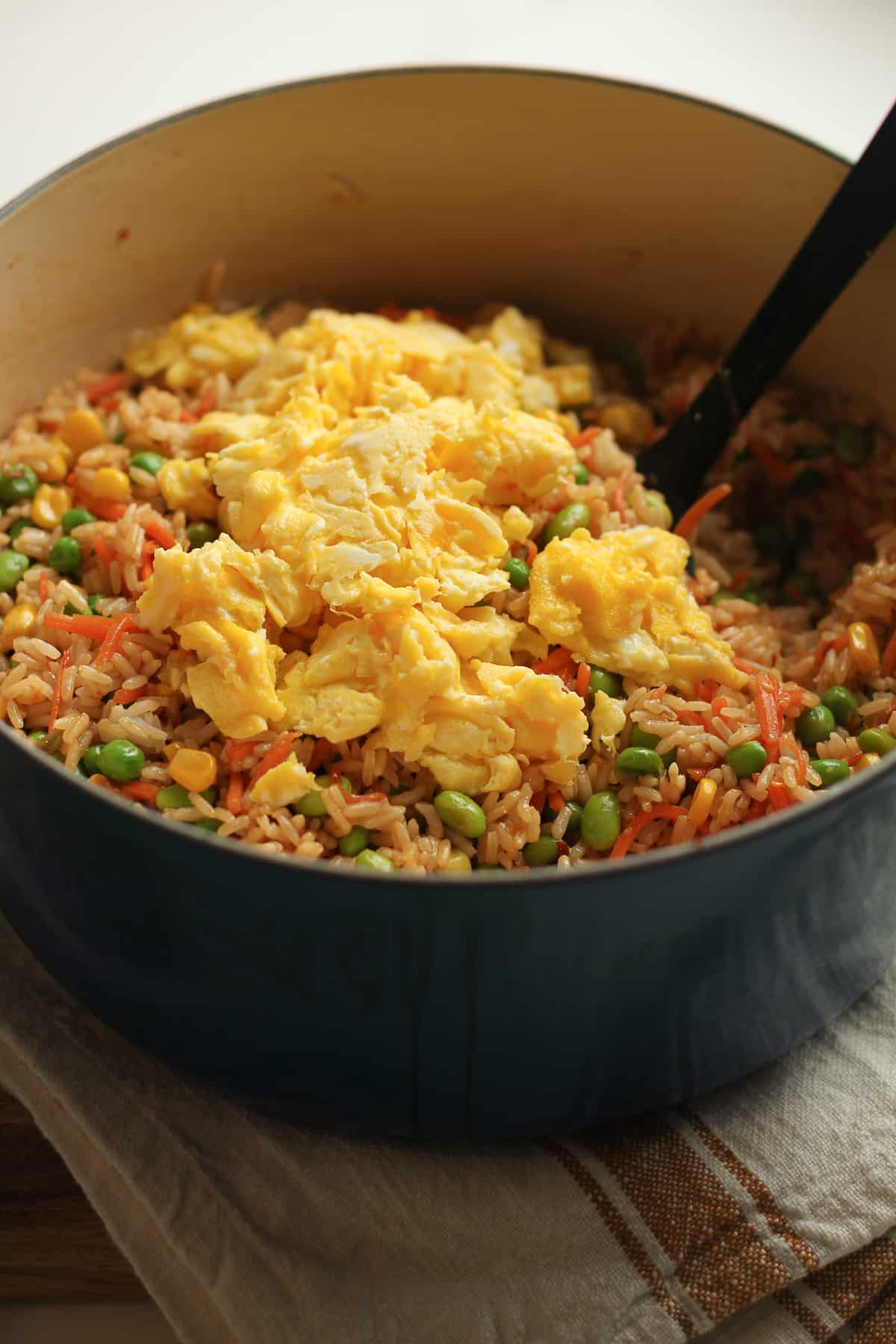 The stock pot with the fried rice plus eggs on top.