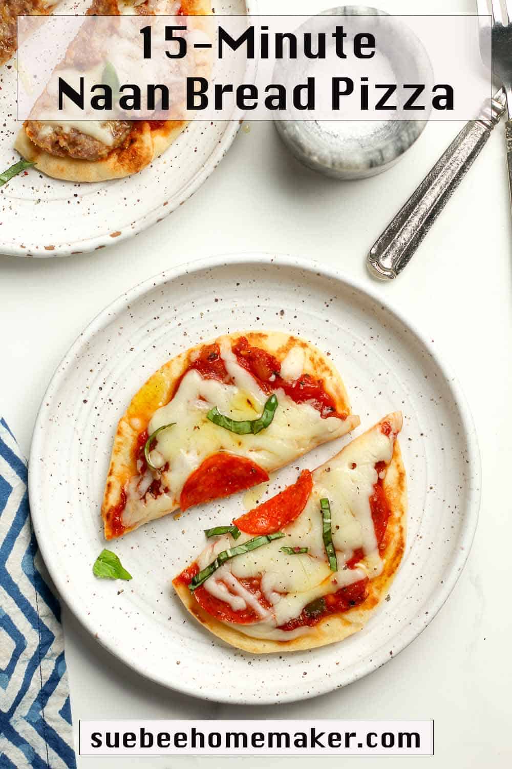 Two plates of naan bread pizza.