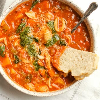 Closeup on a bowl of Italian minestrone soup, with a slice of bread.