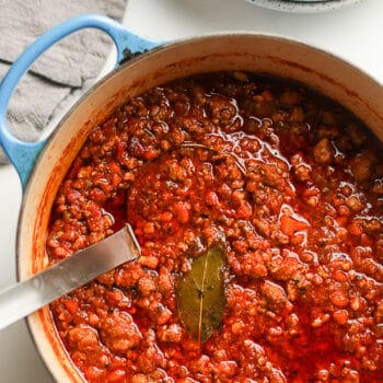 A stockpot of bolognese sauce.