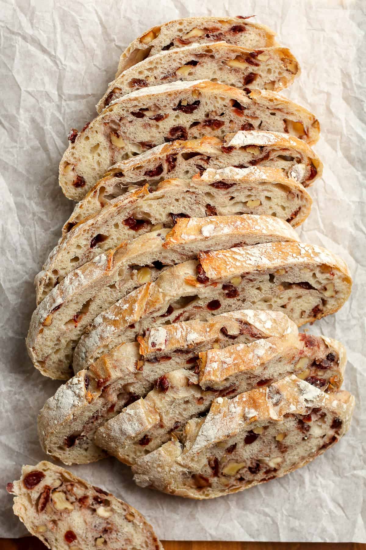 Overview of some sliced cranberry sourdough bread.