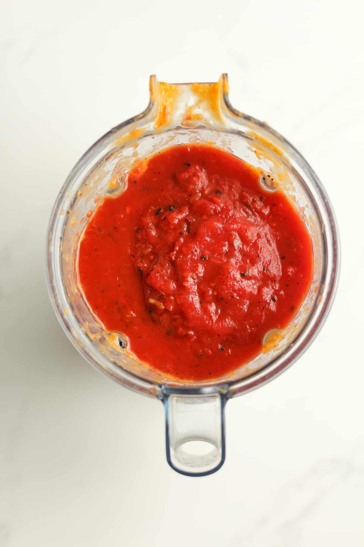 The tomato mixture in the blender.