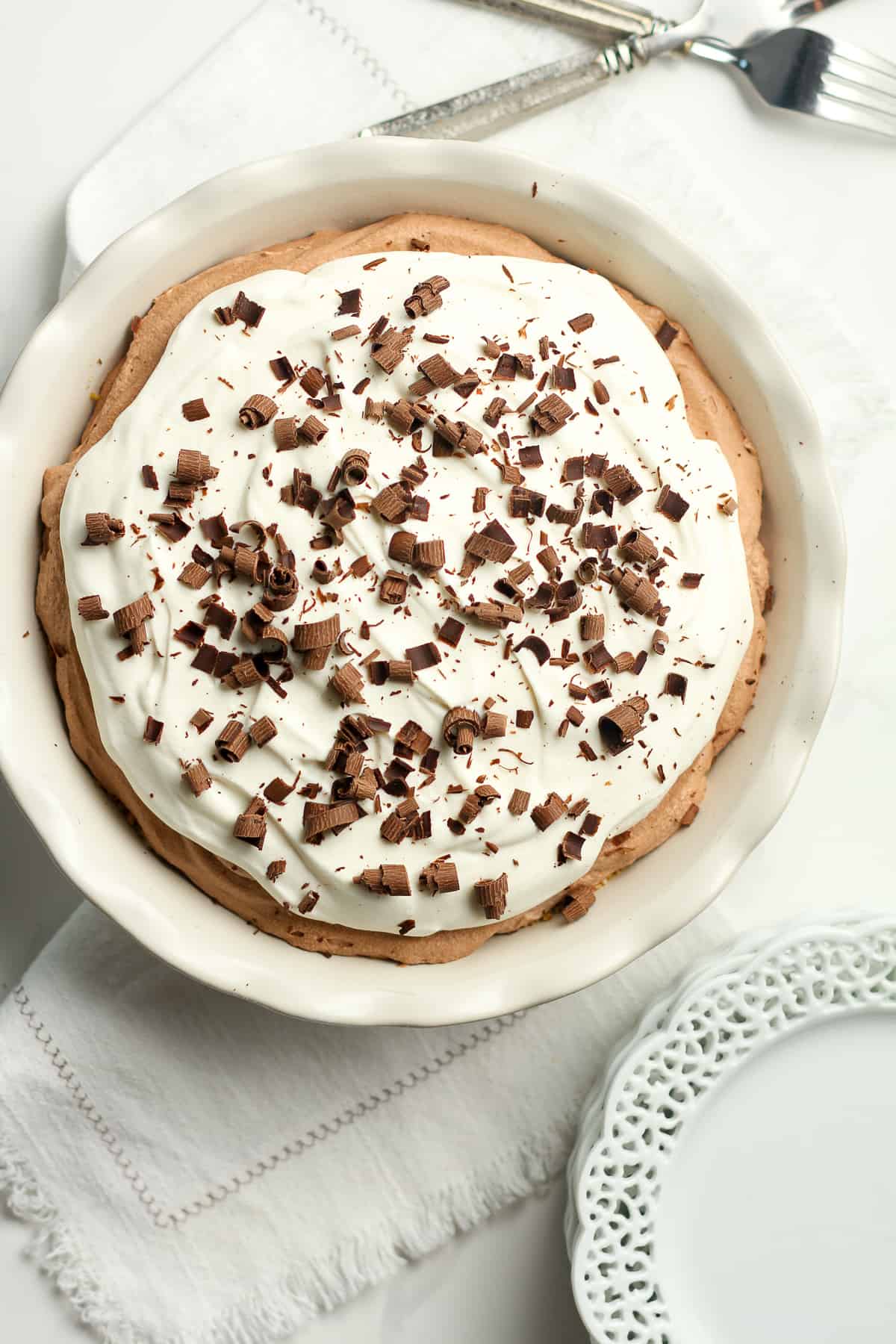 A French silk pie with the shaved chocolate on top.