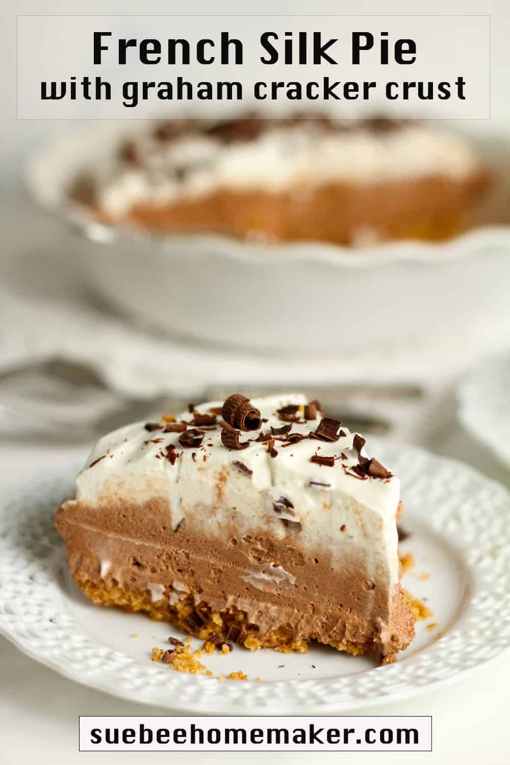 Side view of a slice of French Silk Pie on a graham cracker crust.