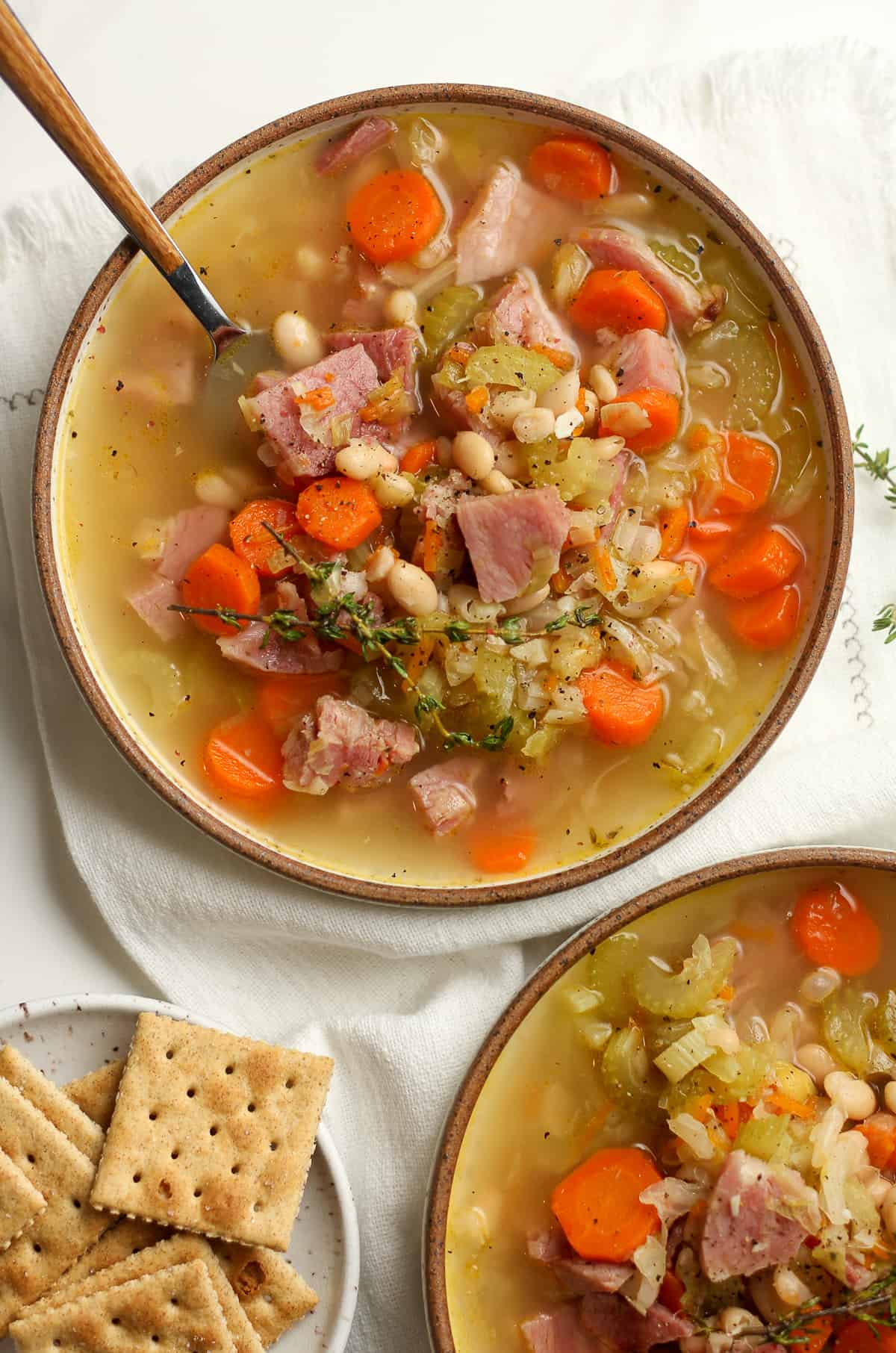 Two bowls of the ham and bean soup.