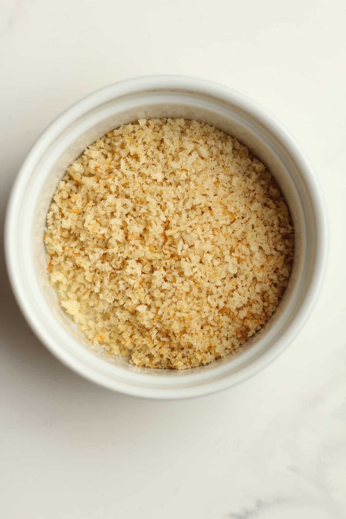 A bowl of toasted bread crumbs.